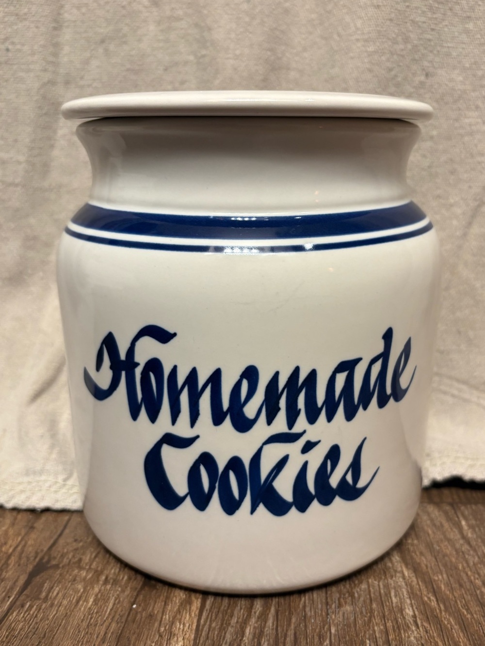 Ceramic 'Homemade Cookies/Store Bought Cookies' White and Blue Cookie Jar